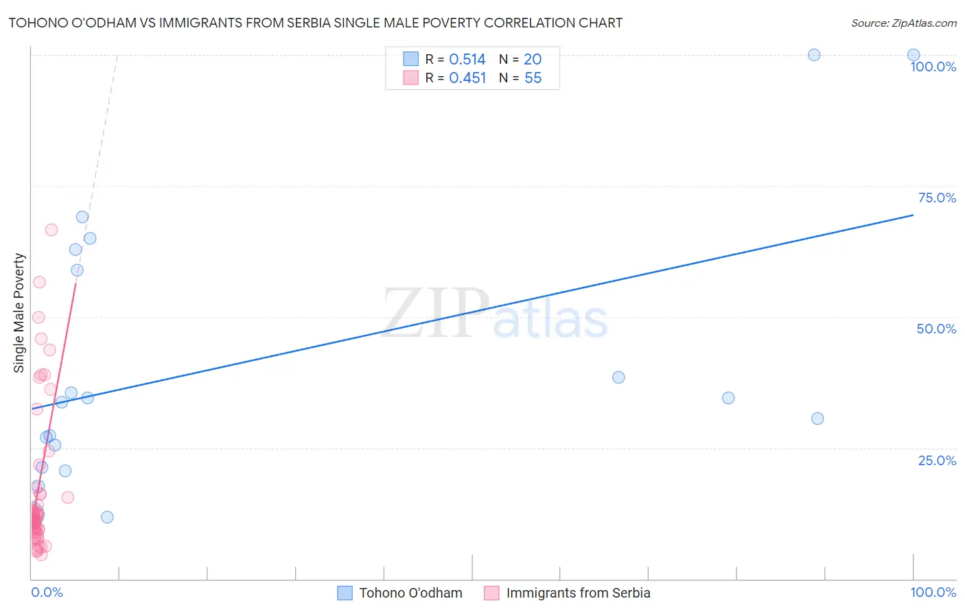 Tohono O'odham vs Immigrants from Serbia Single Male Poverty