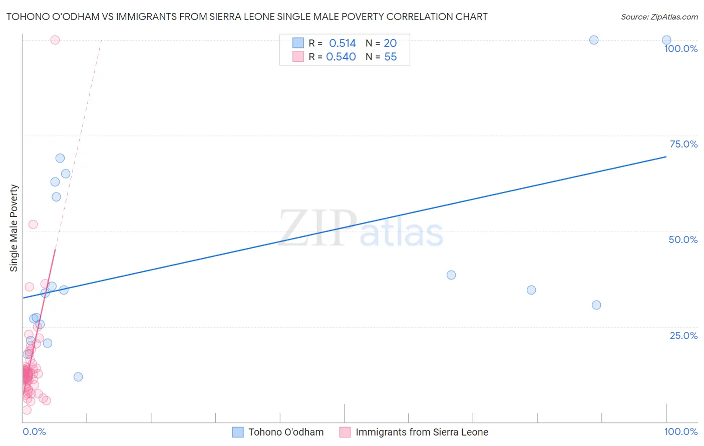 Tohono O'odham vs Immigrants from Sierra Leone Single Male Poverty