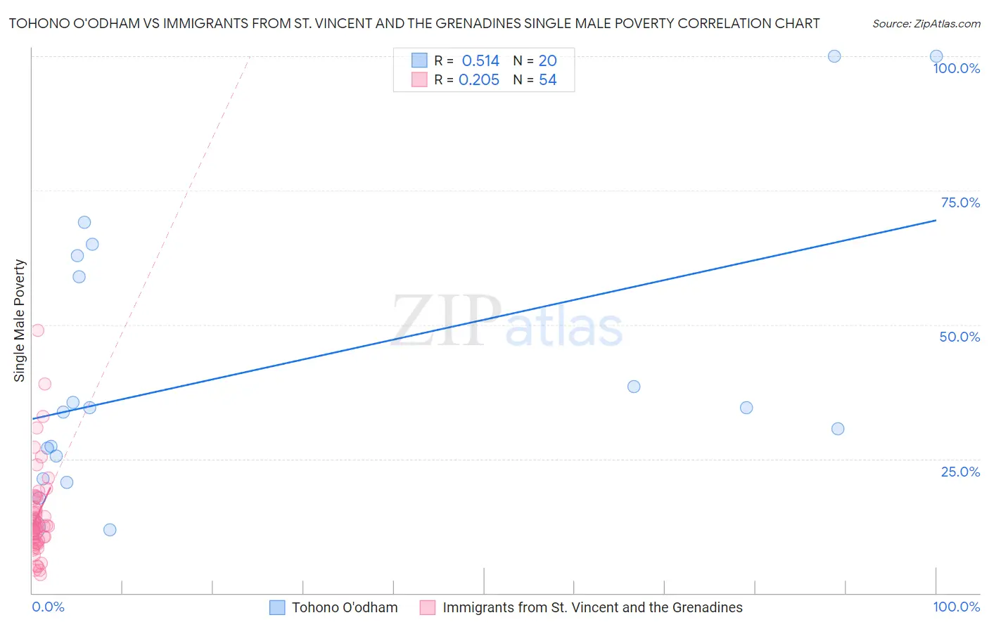 Tohono O'odham vs Immigrants from St. Vincent and the Grenadines Single Male Poverty