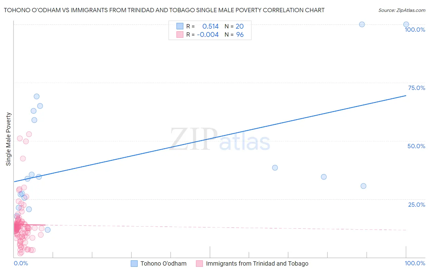Tohono O'odham vs Immigrants from Trinidad and Tobago Single Male Poverty