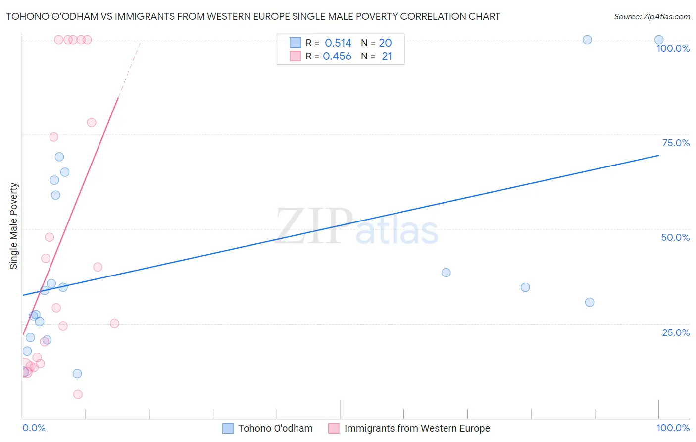 Tohono O'odham vs Immigrants from Western Europe Single Male Poverty