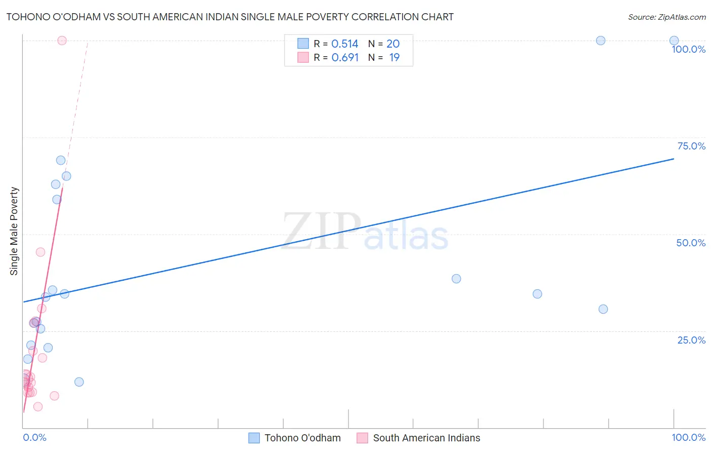 Tohono O'odham vs South American Indian Single Male Poverty