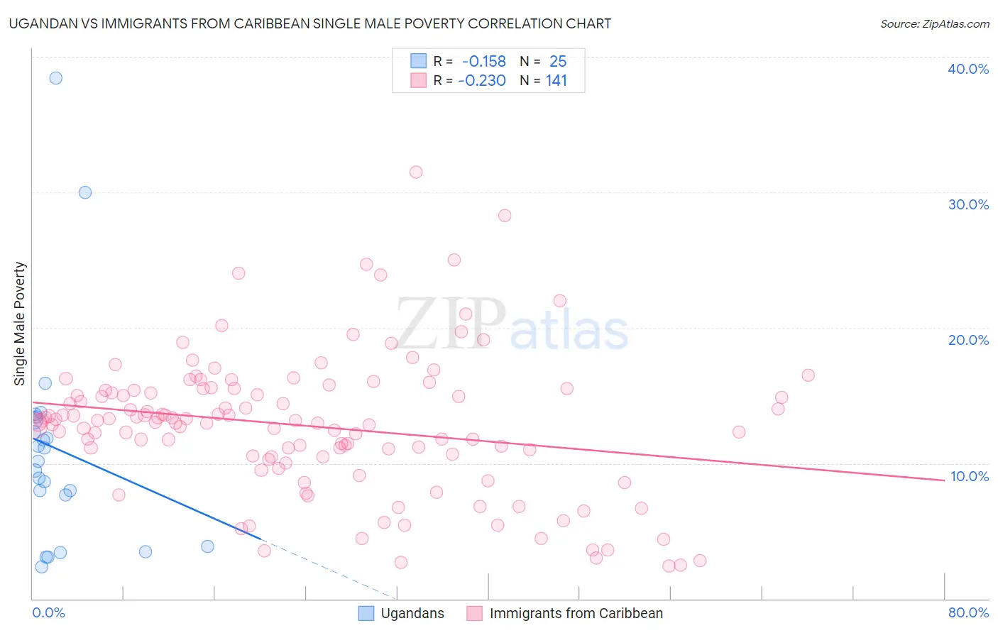 Ugandan vs Immigrants from Caribbean Single Male Poverty