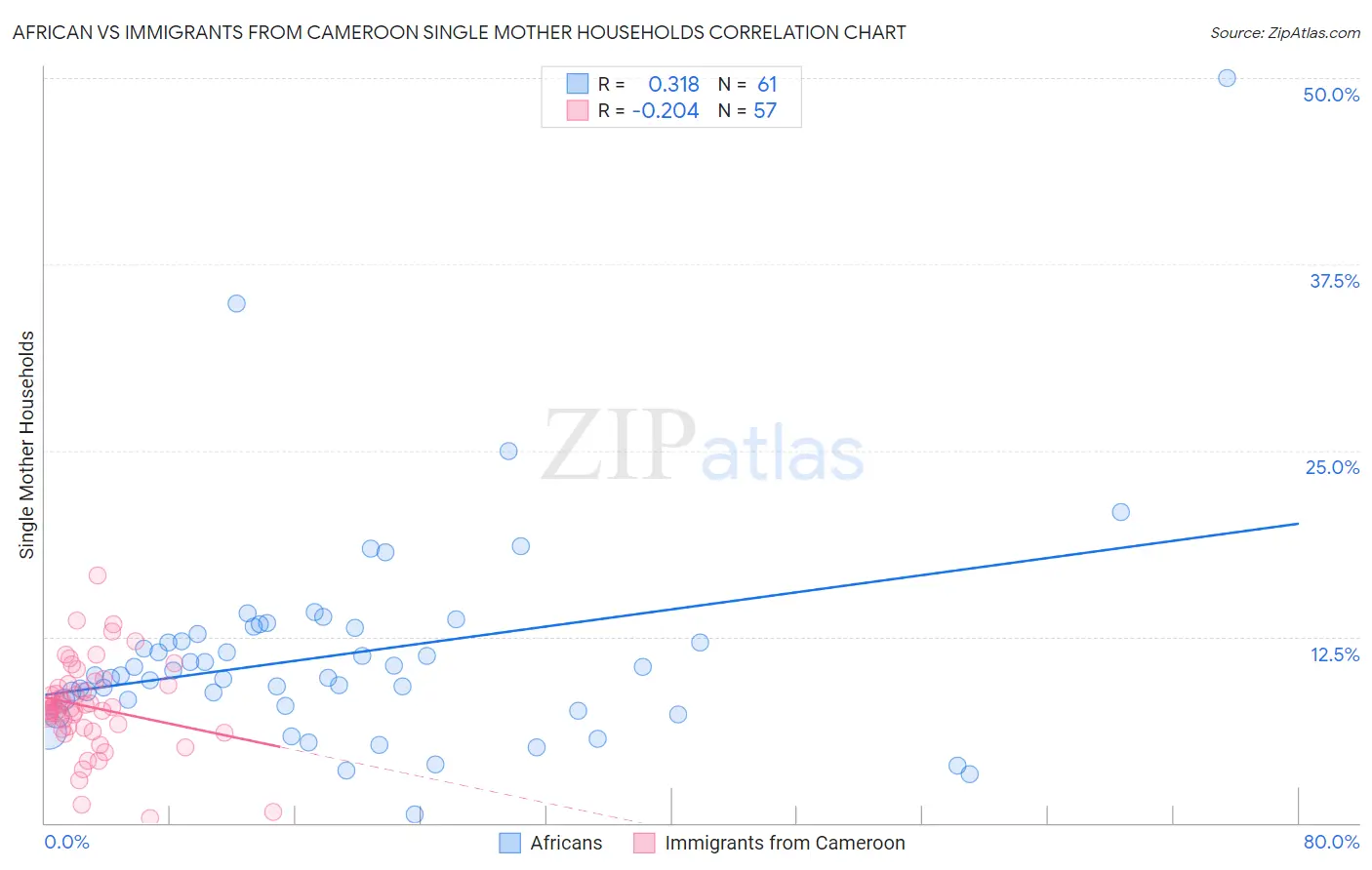 African vs Immigrants from Cameroon Single Mother Households