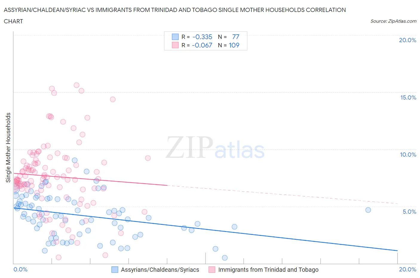 Assyrian/Chaldean/Syriac vs Immigrants from Trinidad and Tobago Single Mother Households