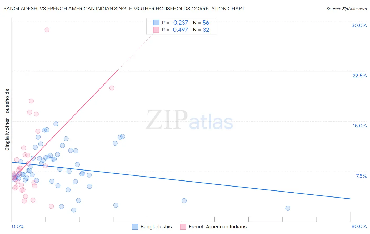 Bangladeshi vs French American Indian Single Mother Households