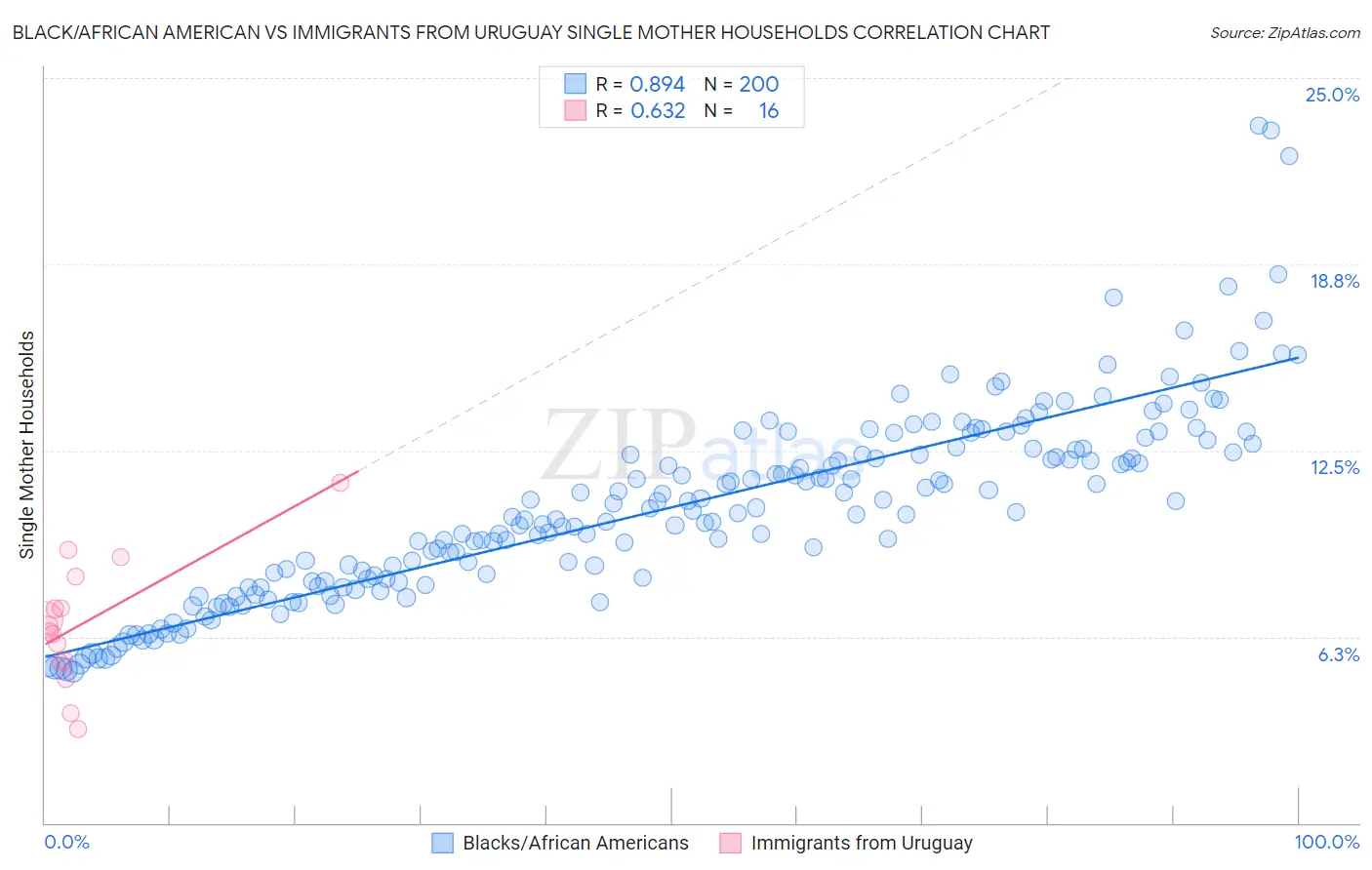 Black/African American vs Immigrants from Uruguay Single Mother Households