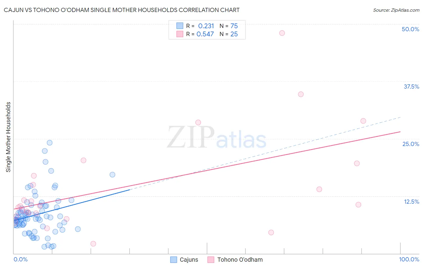 Cajun vs Tohono O'odham Single Mother Households