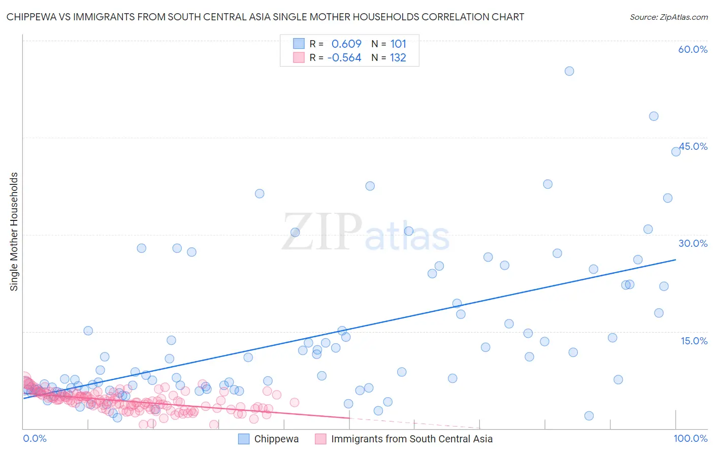 Chippewa vs Immigrants from South Central Asia Single Mother Households
