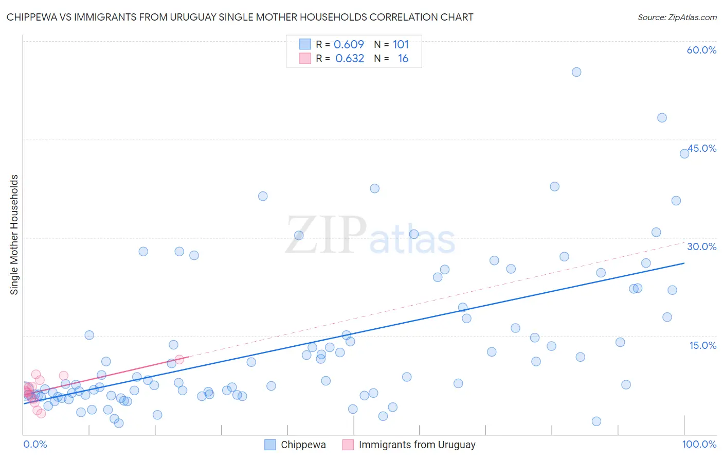 Chippewa vs Immigrants from Uruguay Single Mother Households