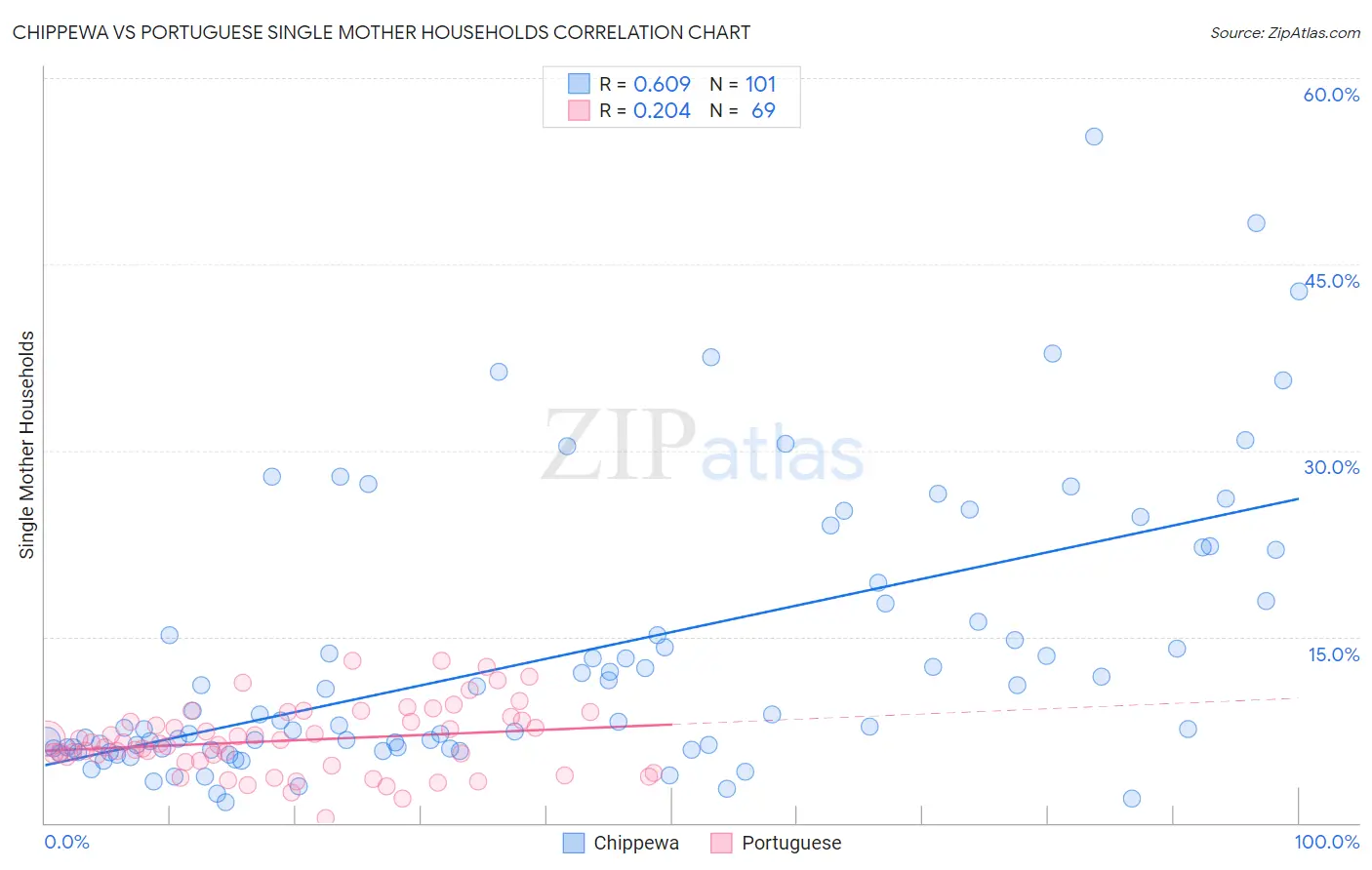 Chippewa vs Portuguese Single Mother Households