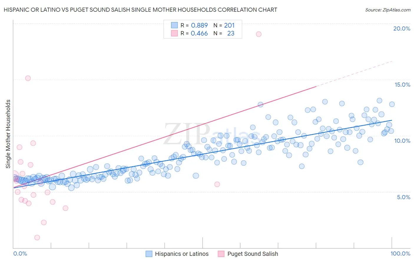Hispanic or Latino vs Puget Sound Salish Single Mother Households