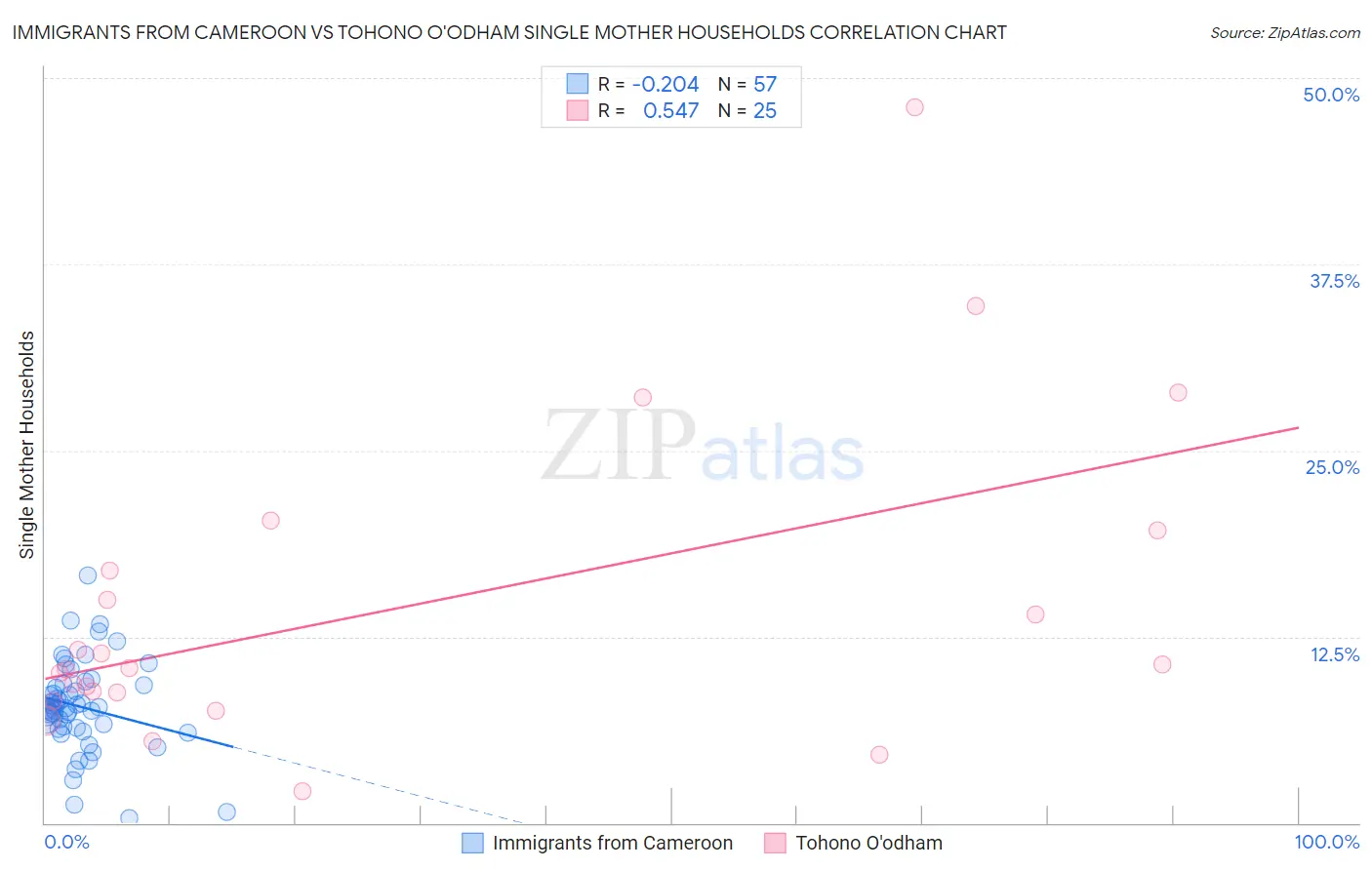 Immigrants from Cameroon vs Tohono O'odham Single Mother Households