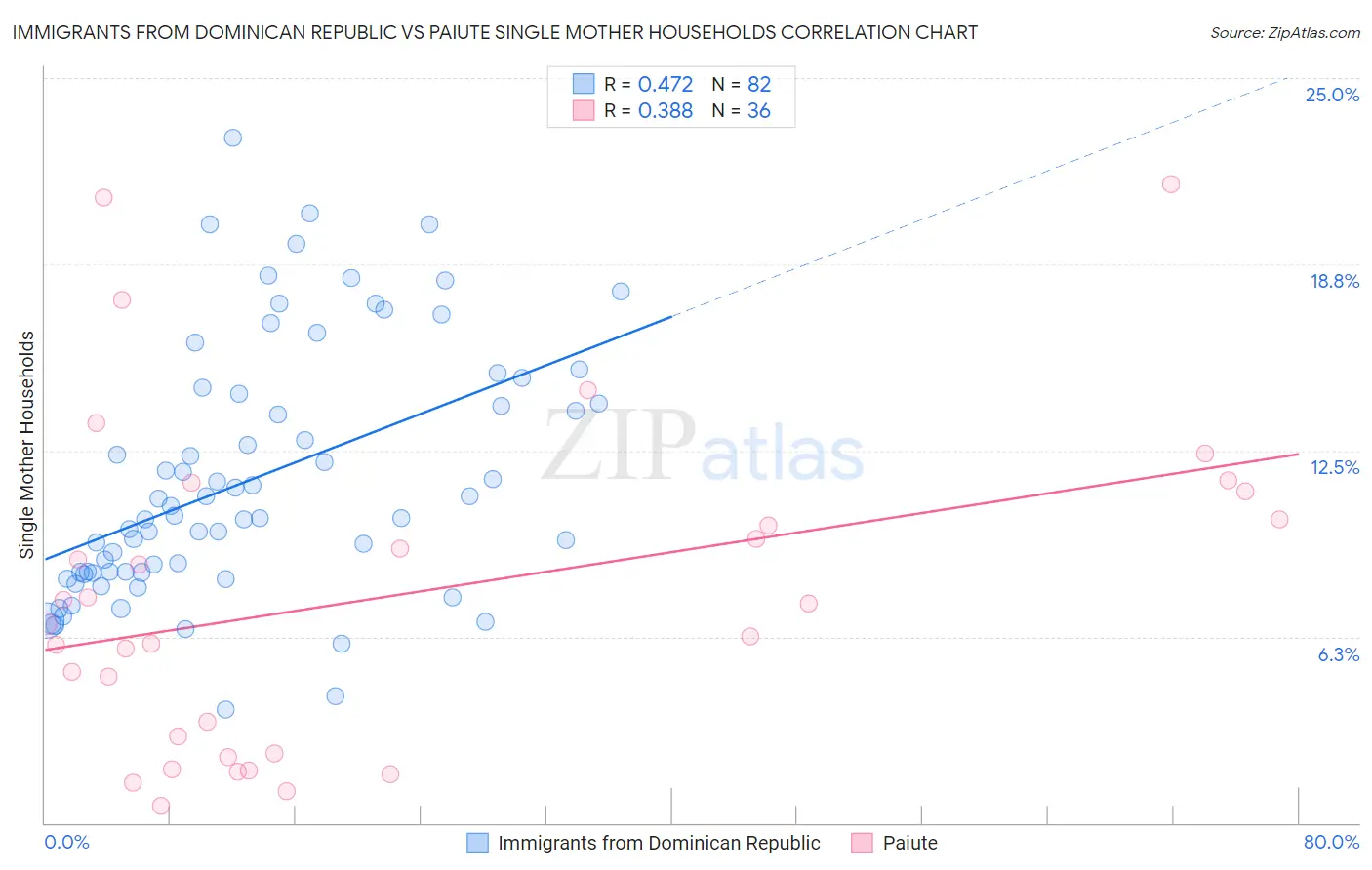 Immigrants from Dominican Republic vs Paiute Single Mother Households