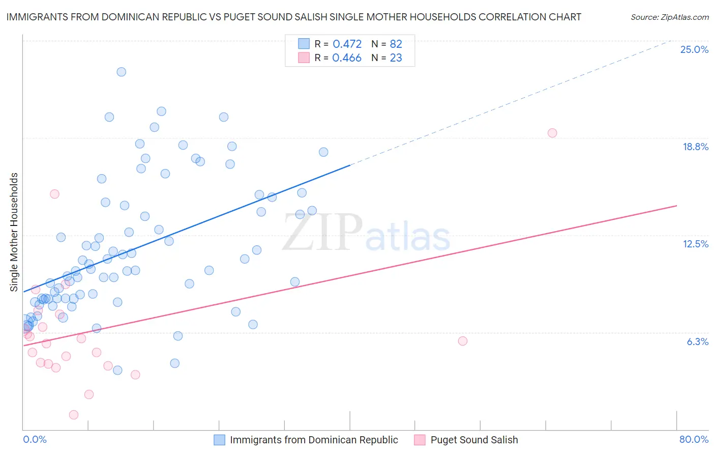 Immigrants from Dominican Republic vs Puget Sound Salish Single Mother Households