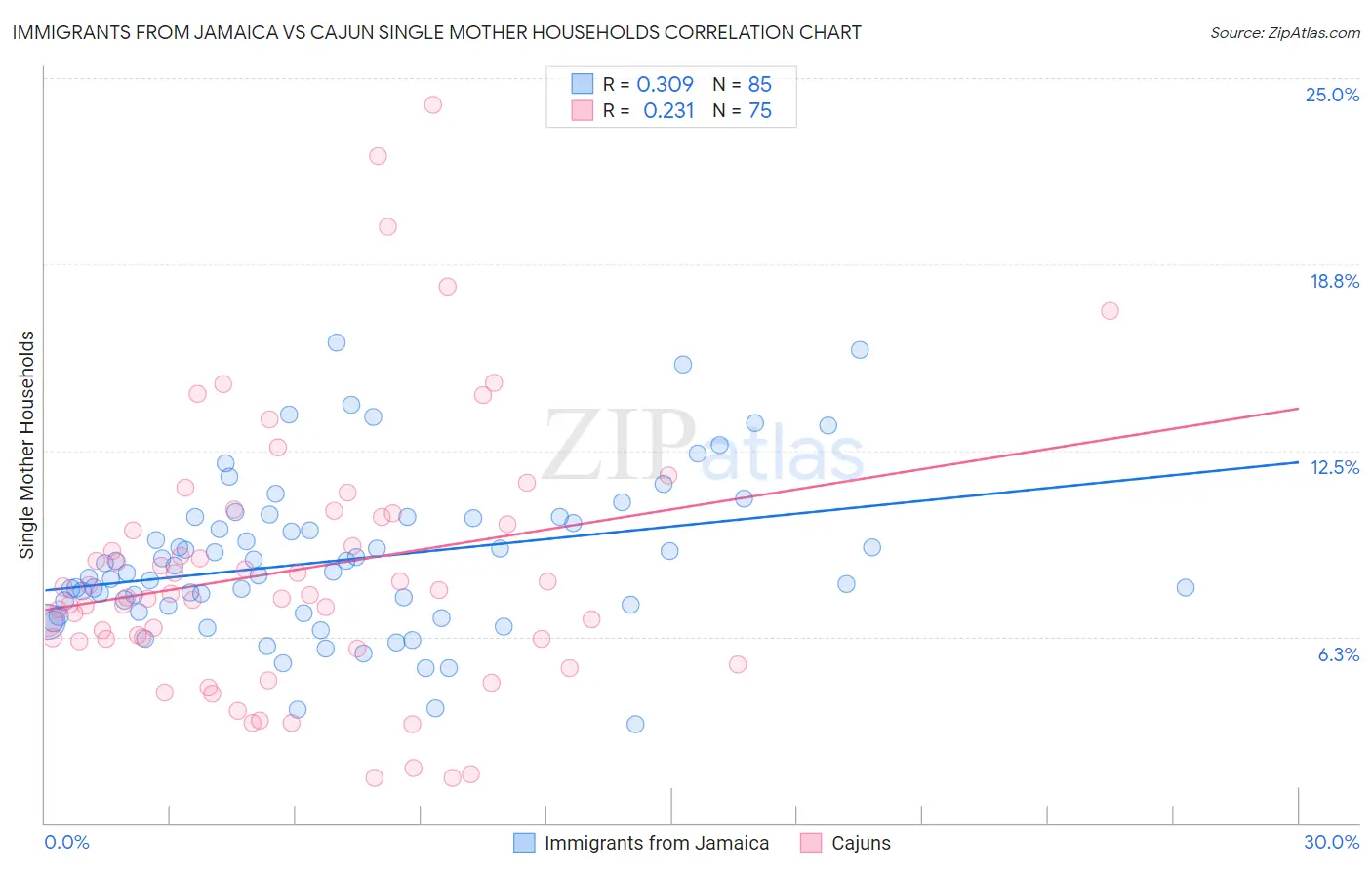 Immigrants from Jamaica vs Cajun Single Mother Households