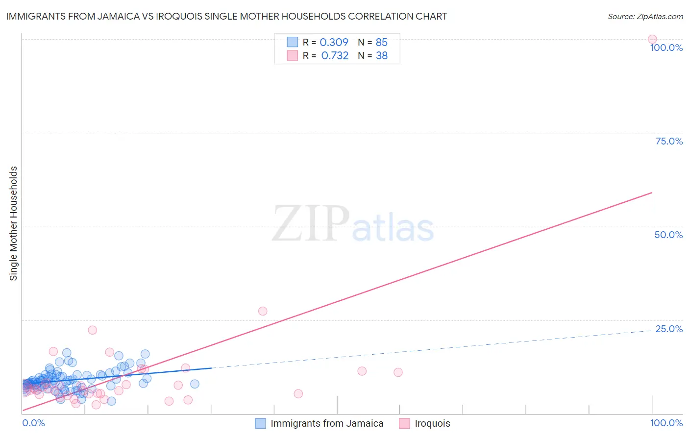 Immigrants from Jamaica vs Iroquois Single Mother Households