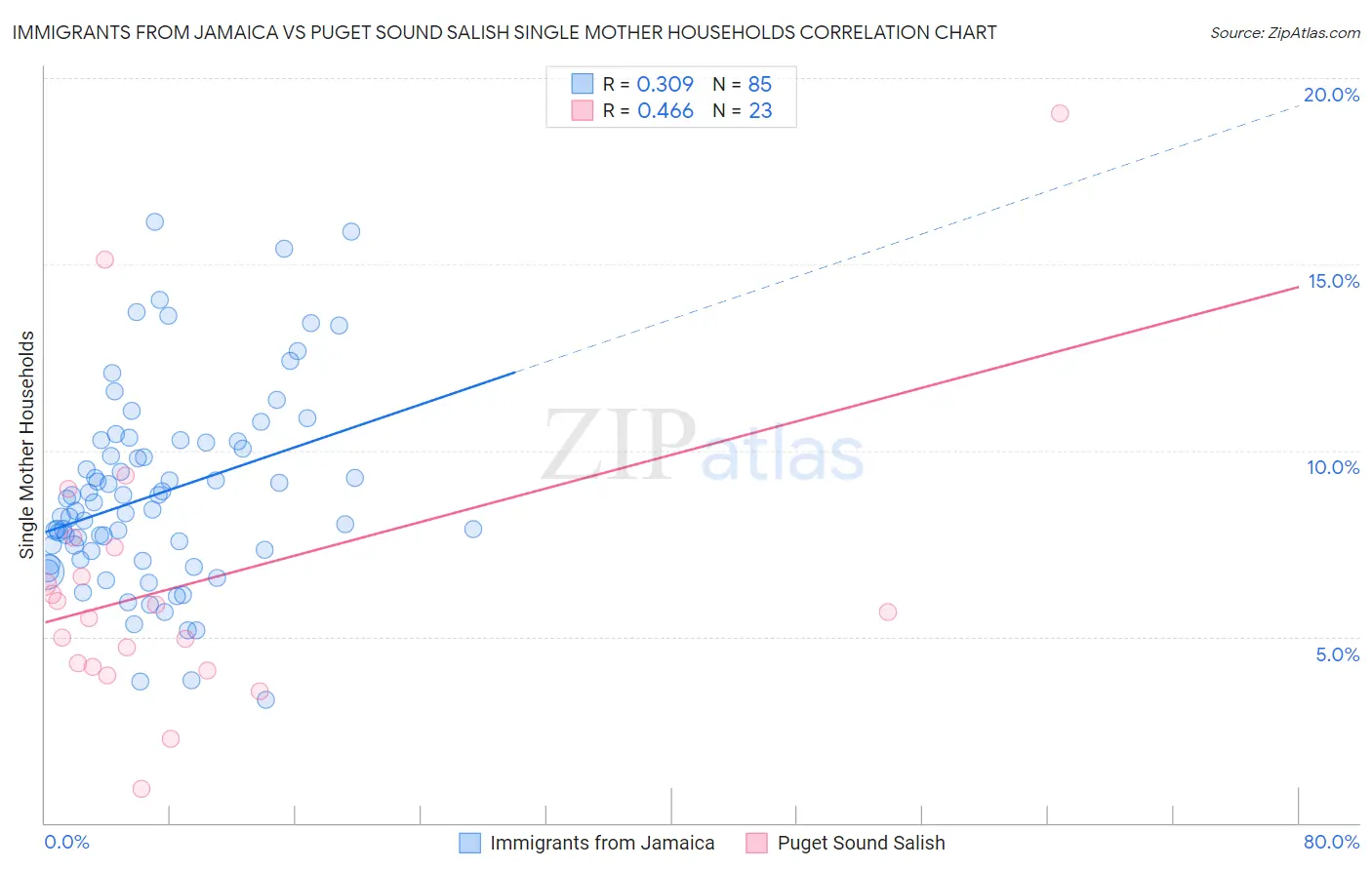 Immigrants from Jamaica vs Puget Sound Salish Single Mother Households