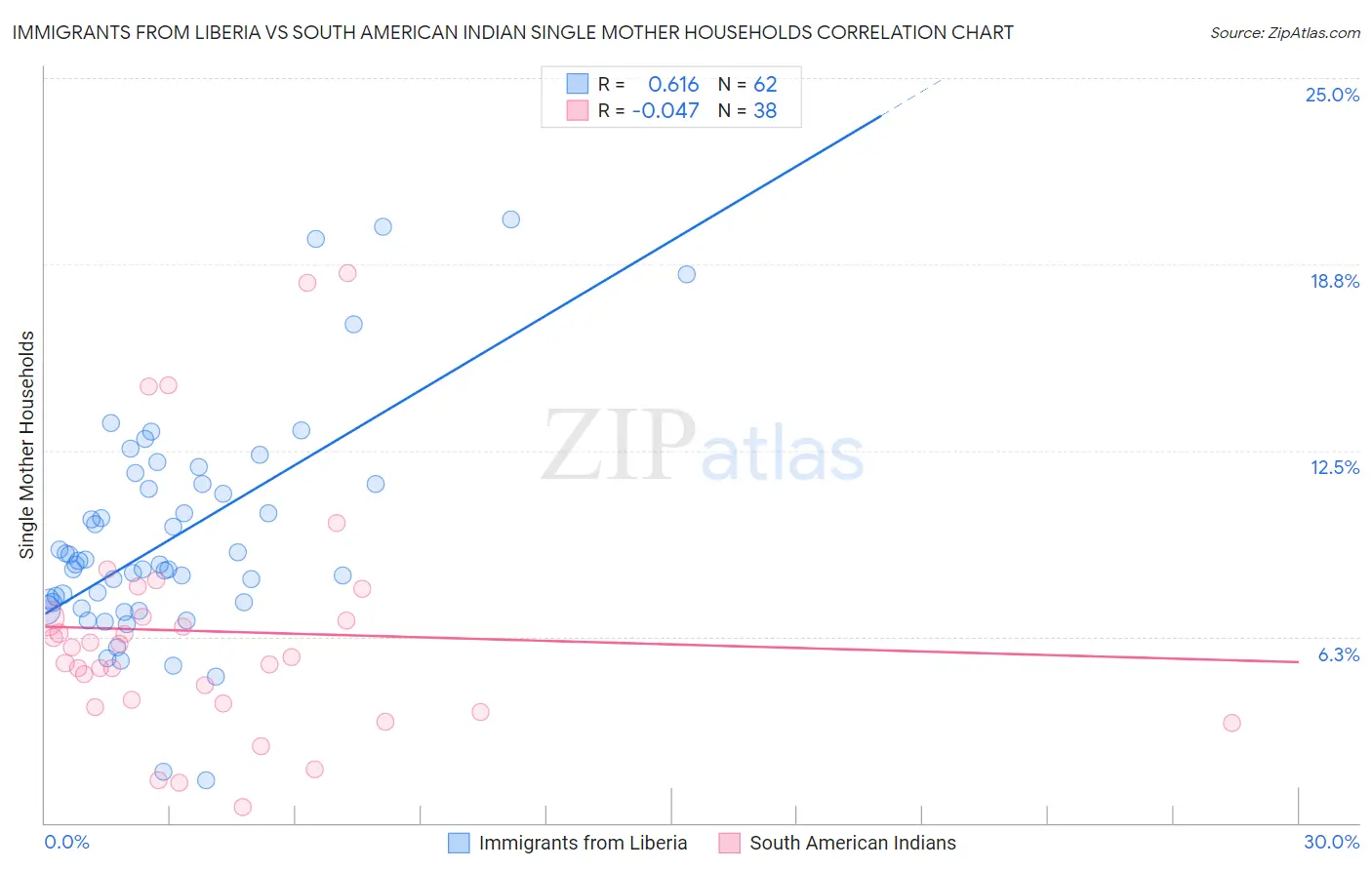 Immigrants from Liberia vs South American Indian Single Mother Households