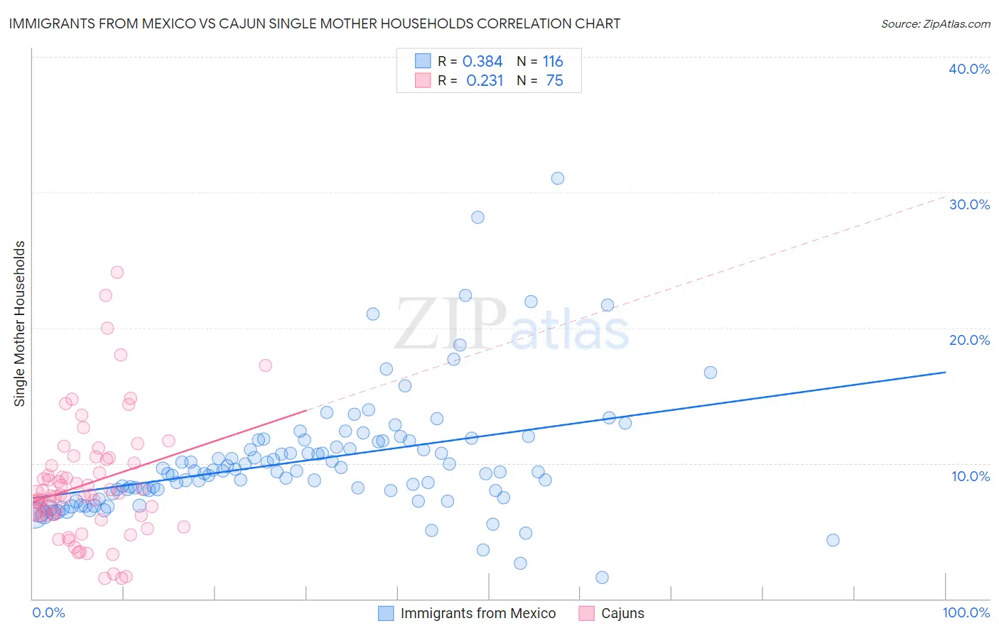 Immigrants from Mexico vs Cajun Single Mother Households