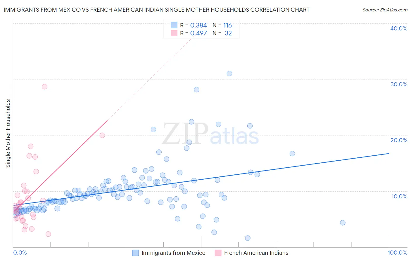 Immigrants from Mexico vs French American Indian Single Mother Households