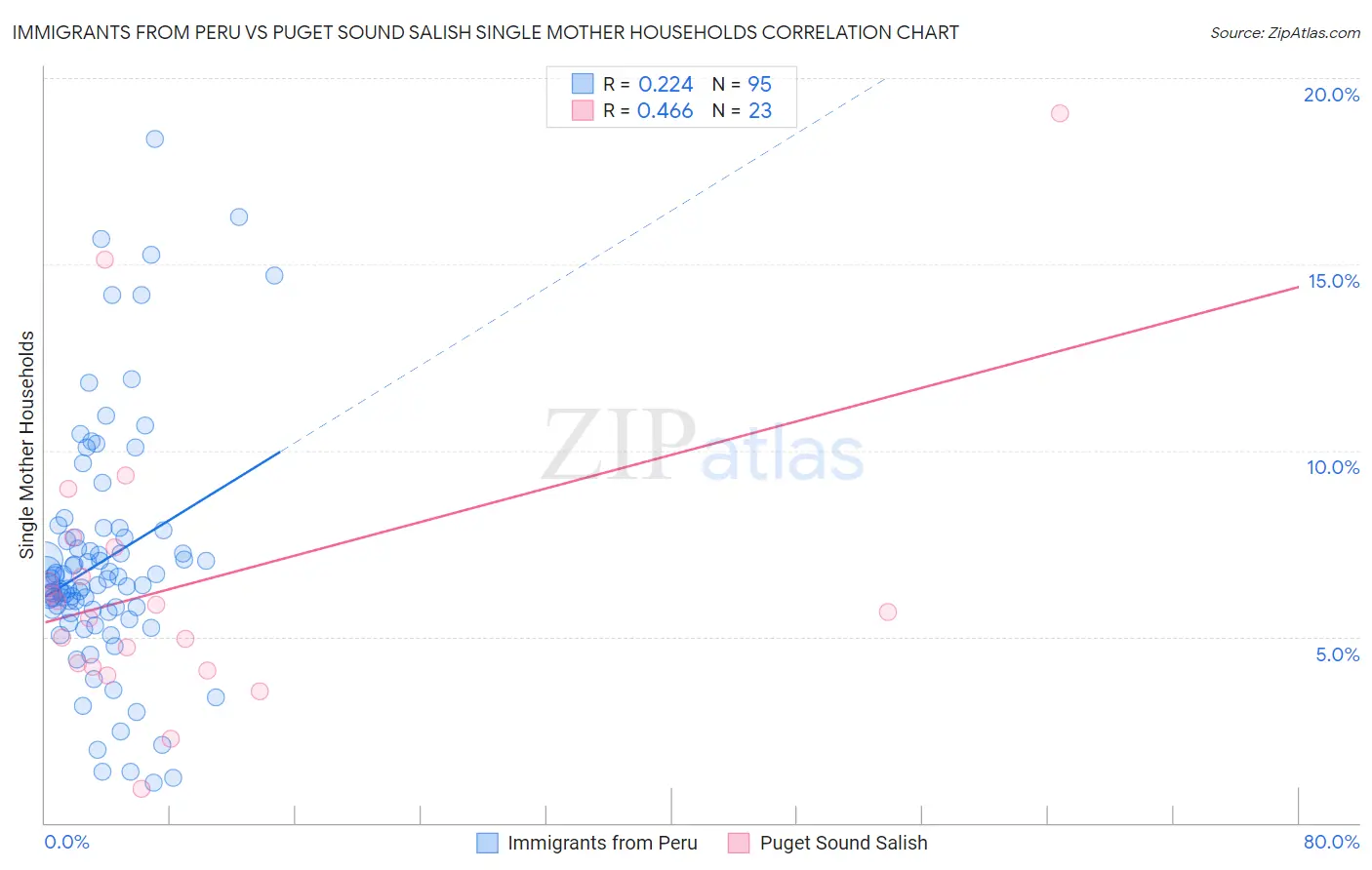 Immigrants from Peru vs Puget Sound Salish Single Mother Households