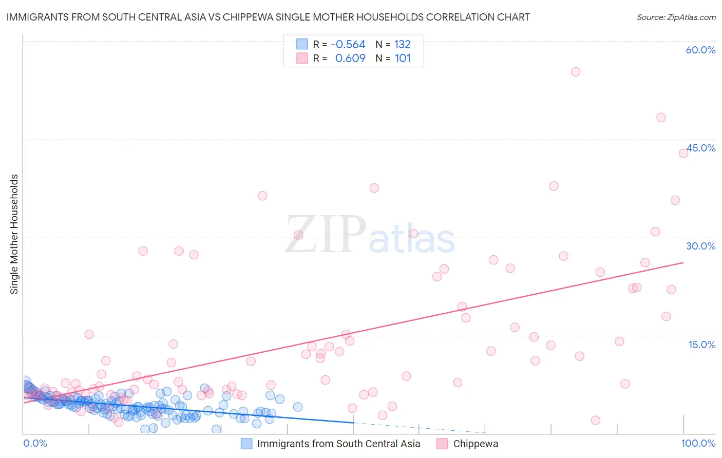 Immigrants from South Central Asia vs Chippewa Single Mother Households