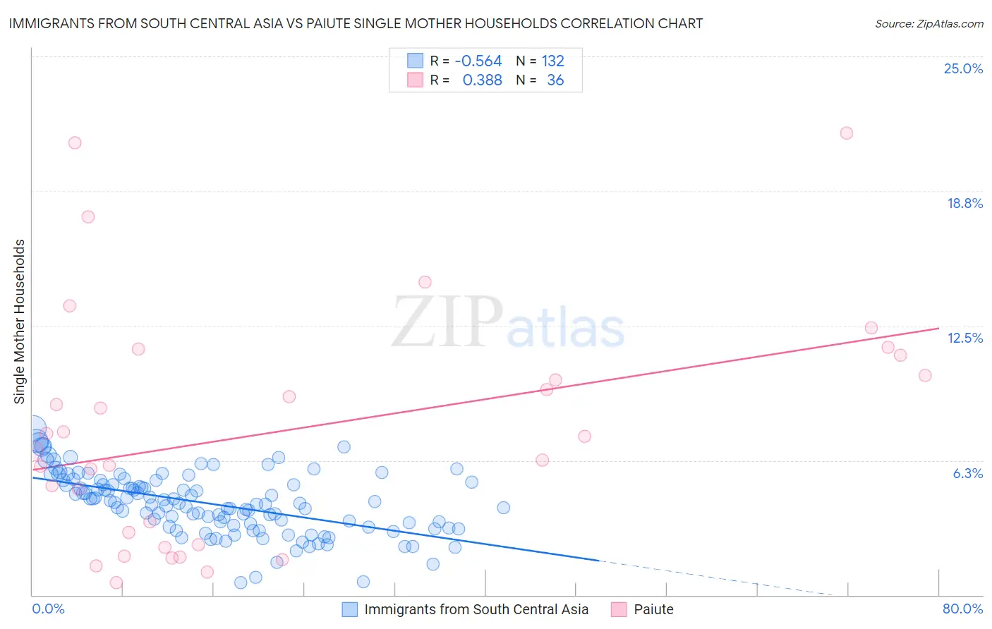 Immigrants from South Central Asia vs Paiute Single Mother Households