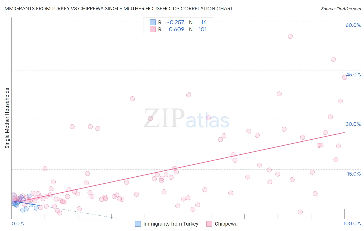 Immigrants from Turkey vs Chippewa Single Mother Households