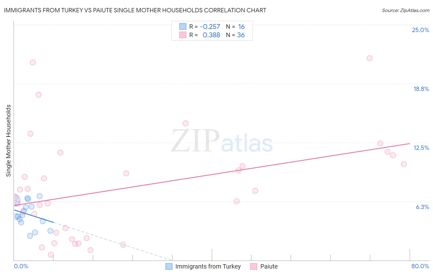 Immigrants from Turkey vs Paiute Single Mother Households
