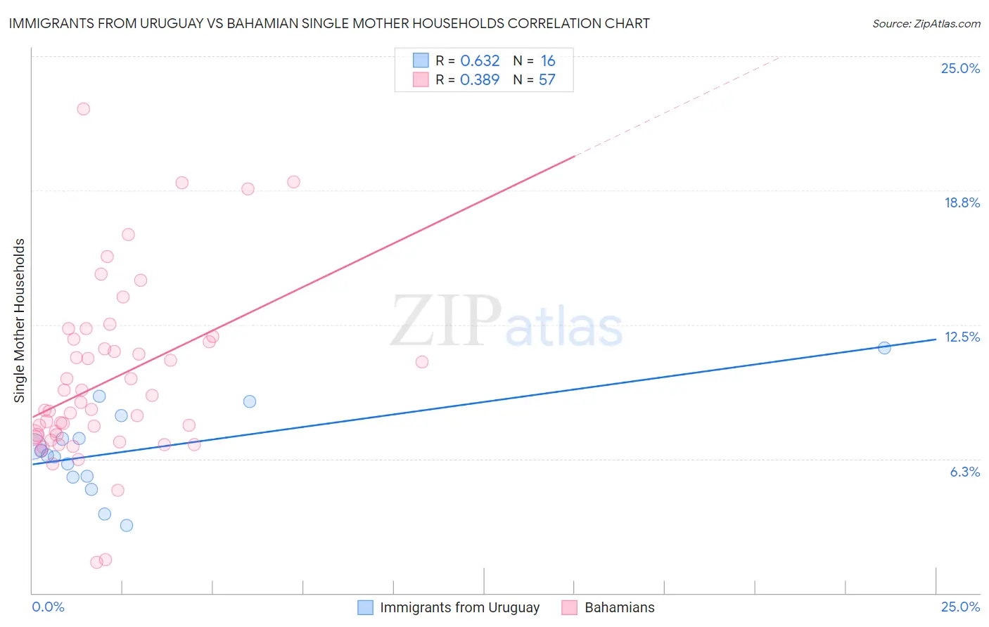 Immigrants from Uruguay vs Bahamian Single Mother Households
