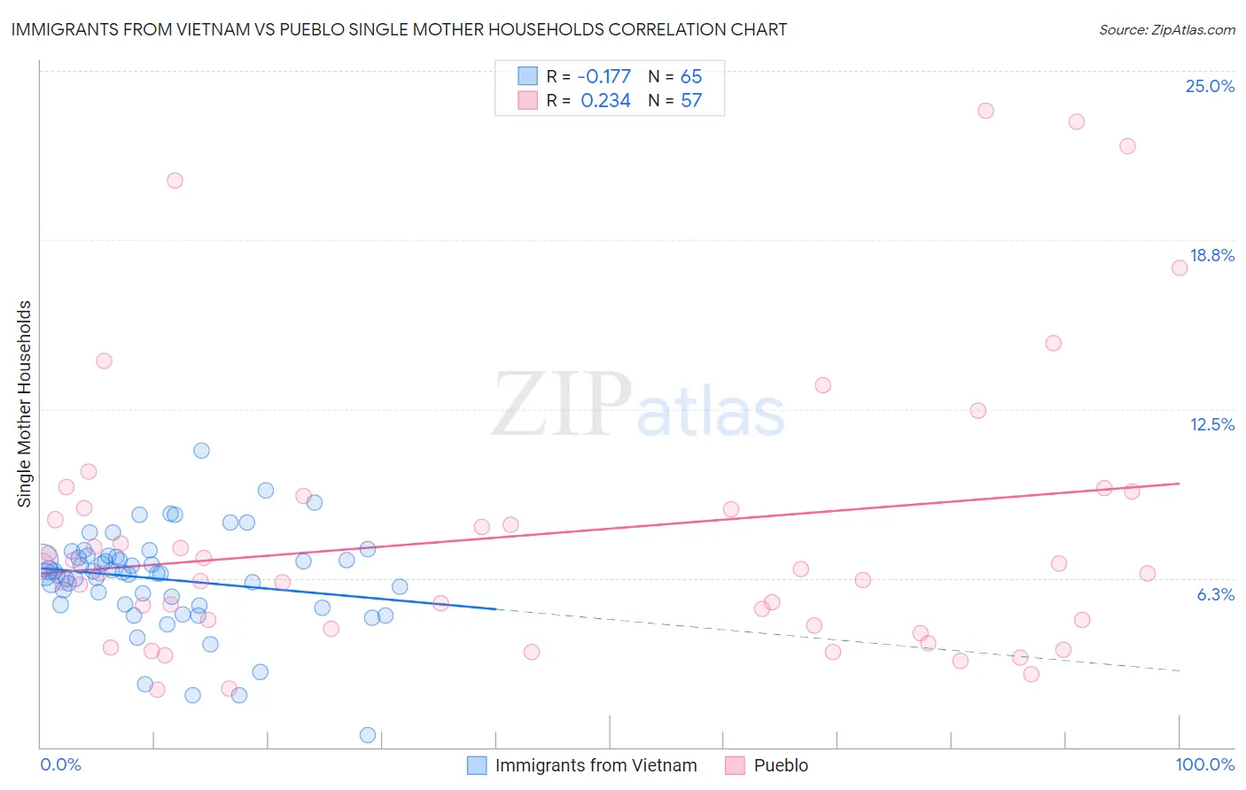Immigrants from Vietnam vs Pueblo Single Mother Households