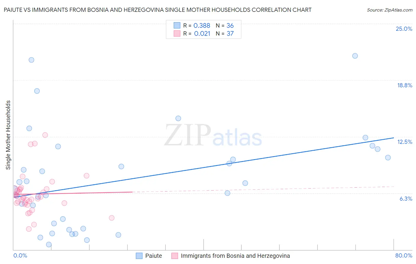 Paiute vs Immigrants from Bosnia and Herzegovina Single Mother Households