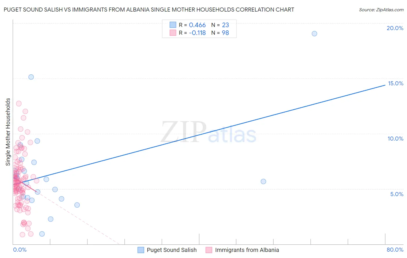 Puget Sound Salish vs Immigrants from Albania Single Mother Households
