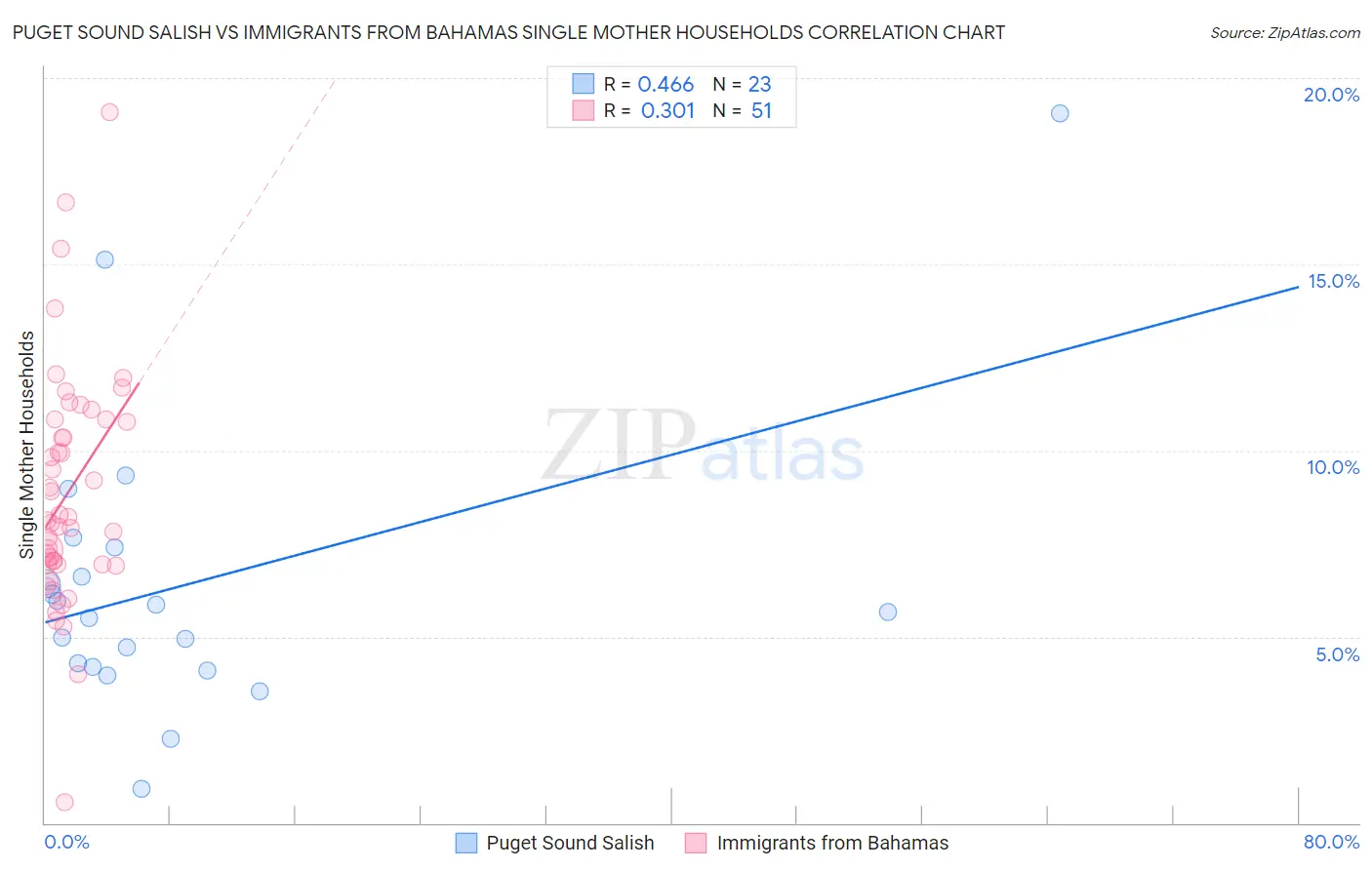 Puget Sound Salish vs Immigrants from Bahamas Single Mother Households