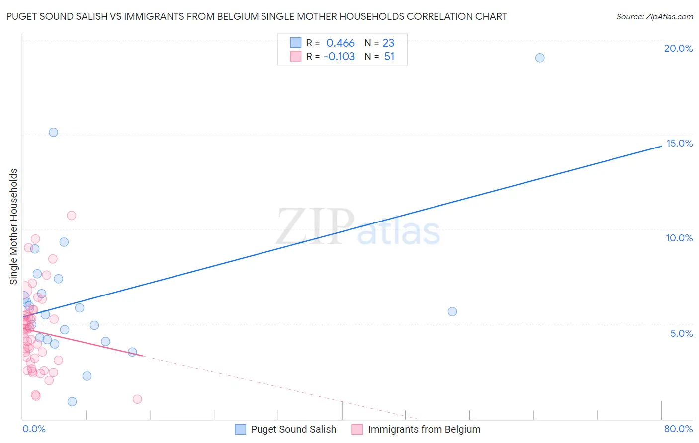 Puget Sound Salish vs Immigrants from Belgium Single Mother Households