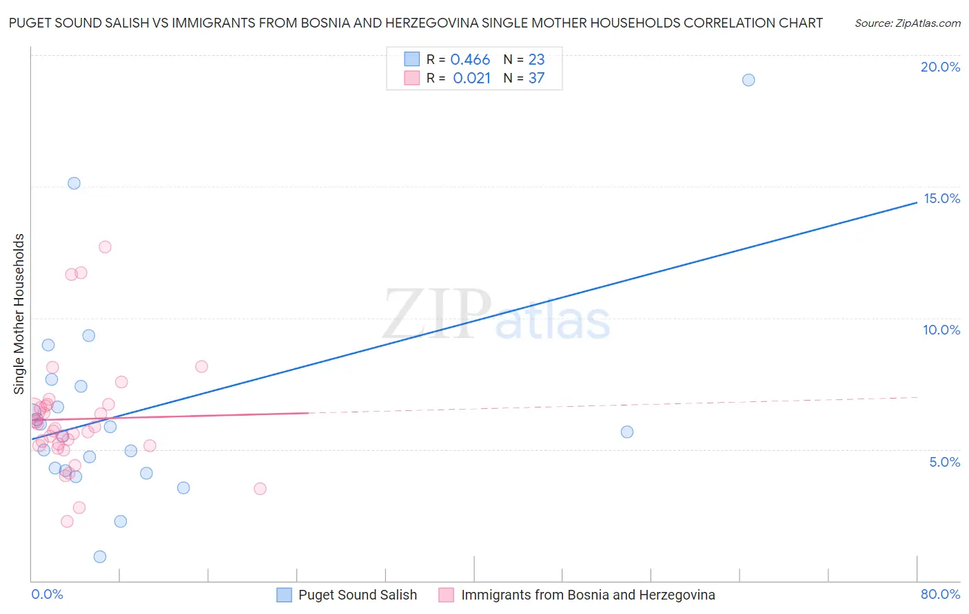 Puget Sound Salish vs Immigrants from Bosnia and Herzegovina Single Mother Households