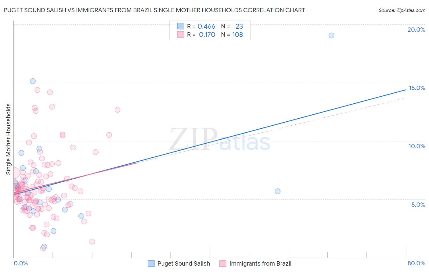 Puget Sound Salish vs Immigrants from Brazil Single Mother Households