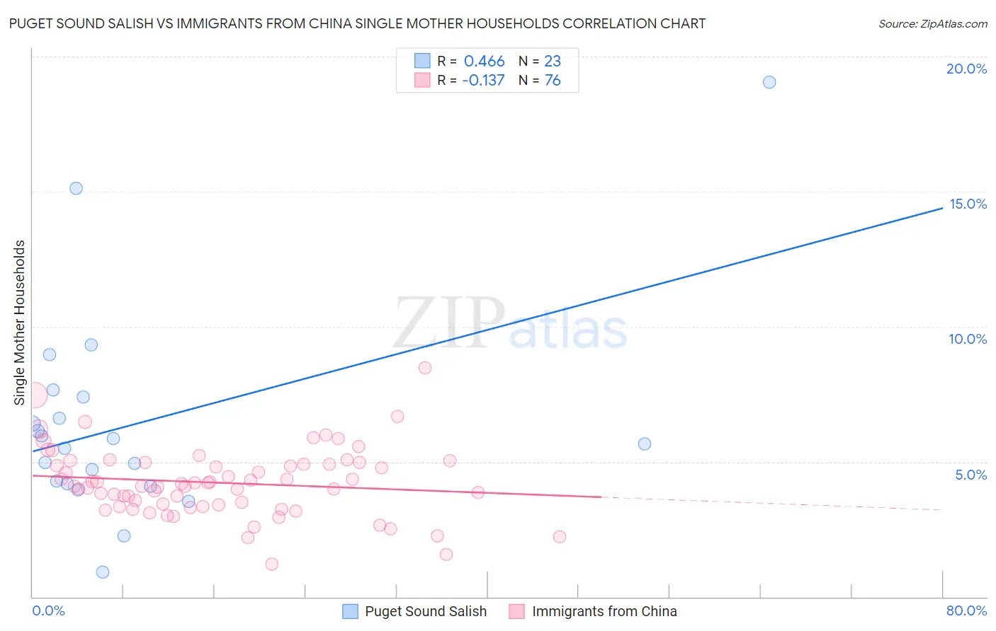 Puget Sound Salish vs Immigrants from China Single Mother Households