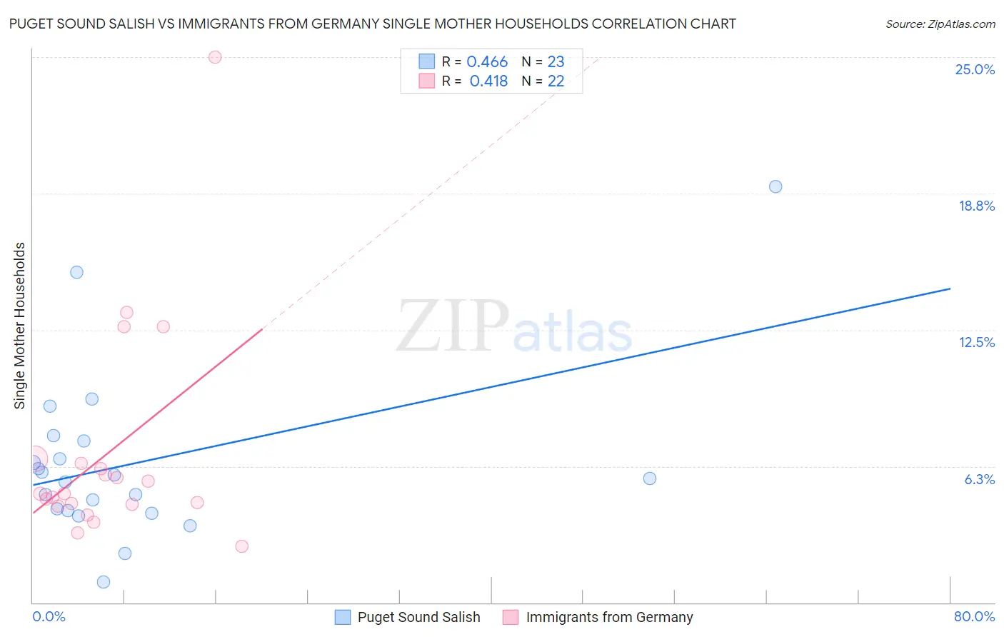 Puget Sound Salish vs Immigrants from Germany Single Mother Households