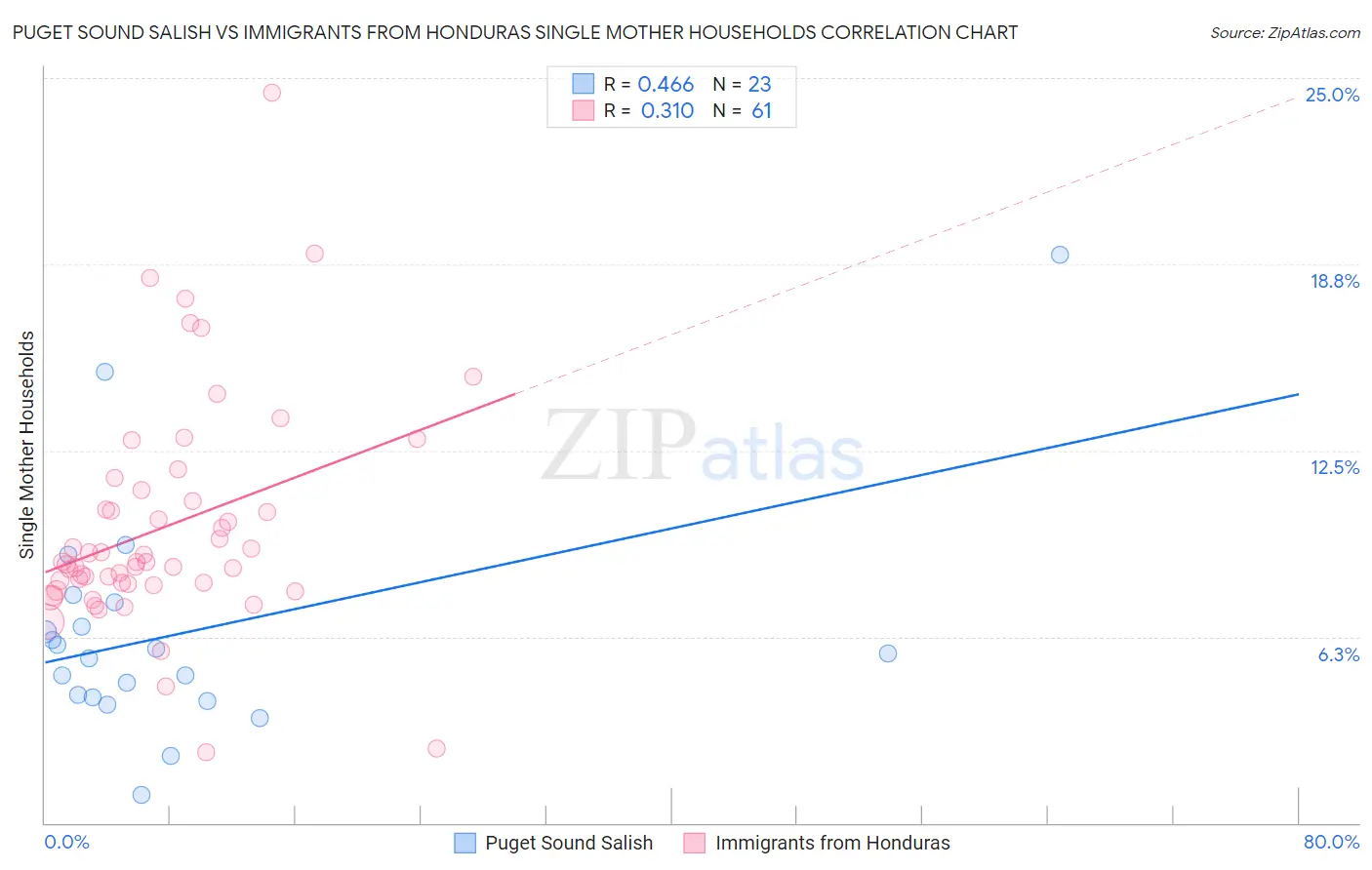 Puget Sound Salish vs Immigrants from Honduras Single Mother Households