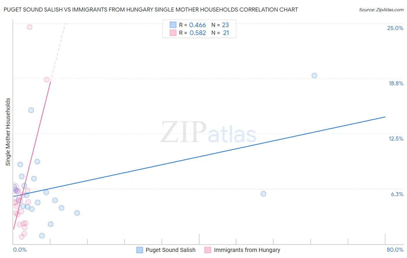 Puget Sound Salish vs Immigrants from Hungary Single Mother Households