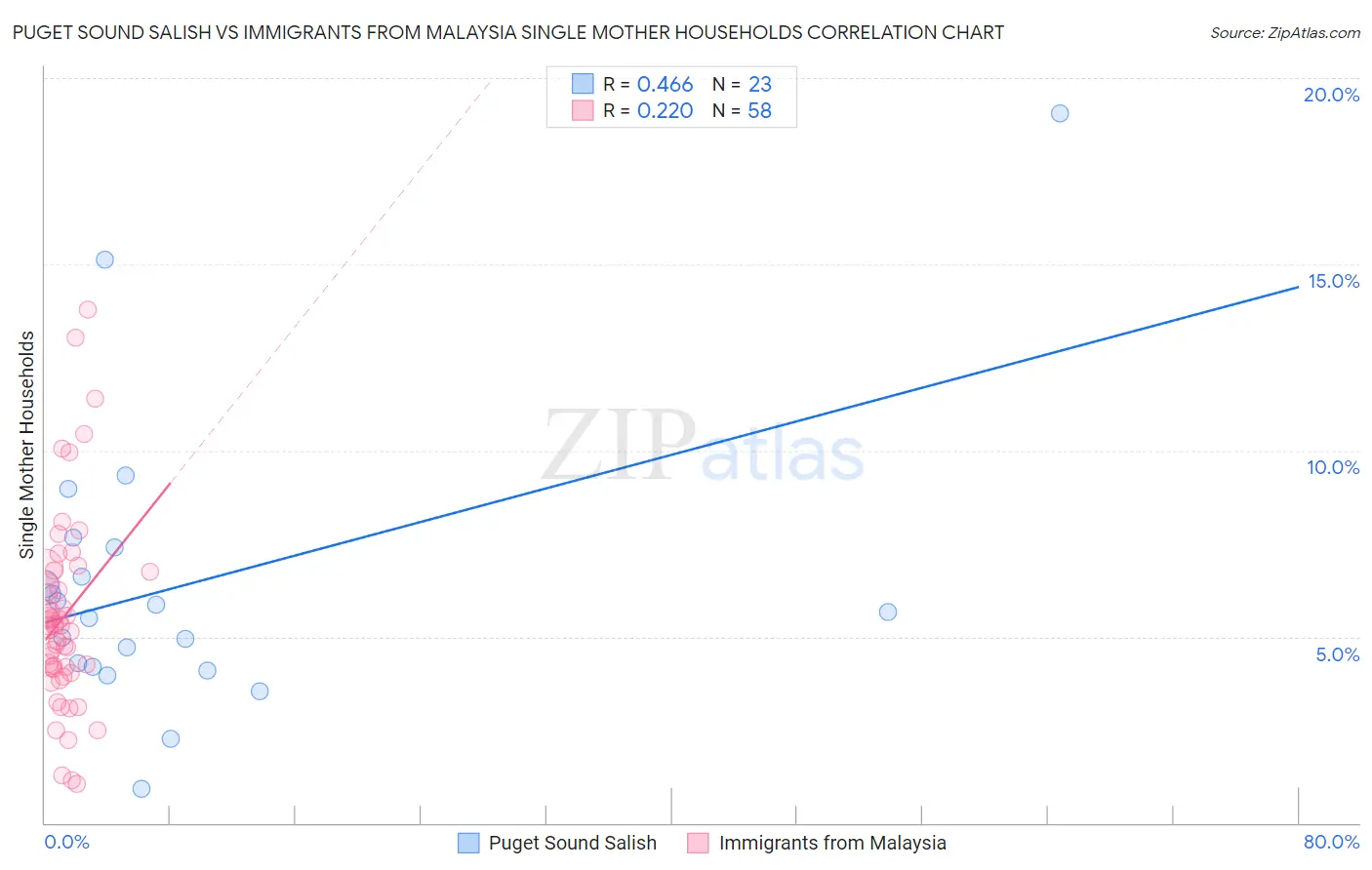 Puget Sound Salish vs Immigrants from Malaysia Single Mother Households