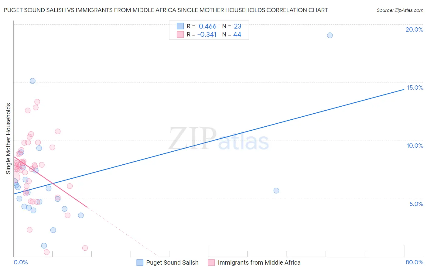 Puget Sound Salish vs Immigrants from Middle Africa Single Mother Households