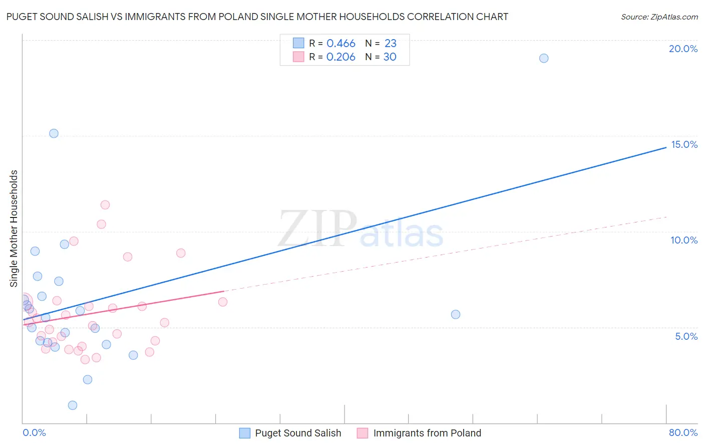 Puget Sound Salish vs Immigrants from Poland Single Mother Households