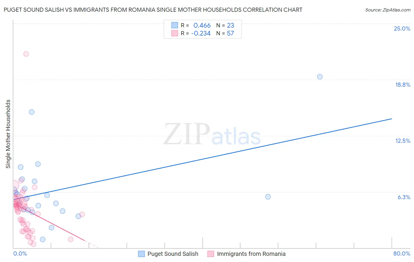 Puget Sound Salish vs Immigrants from Romania Single Mother Households