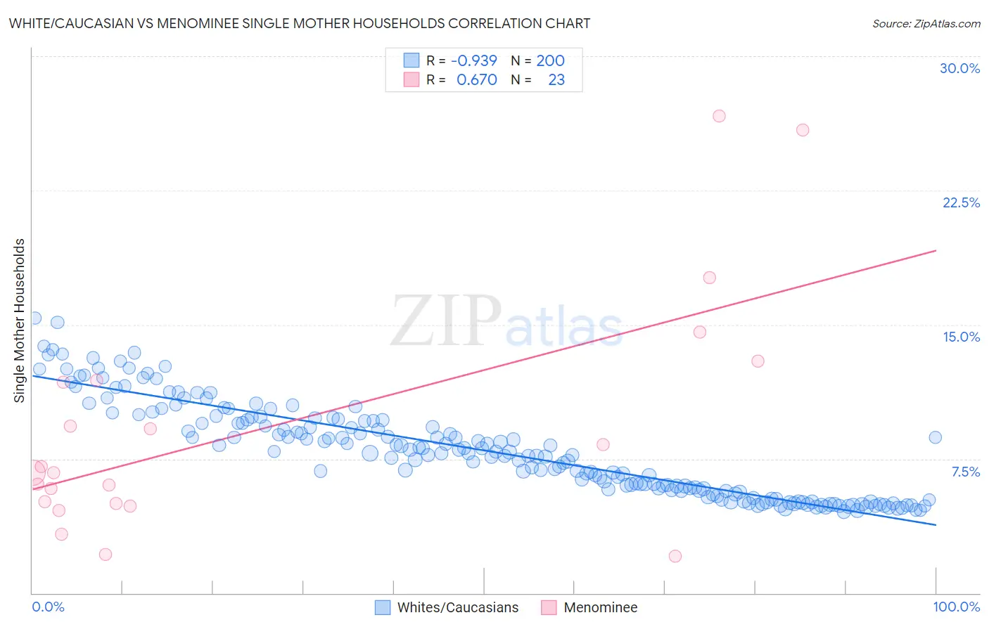 White/Caucasian vs Menominee Single Mother Households