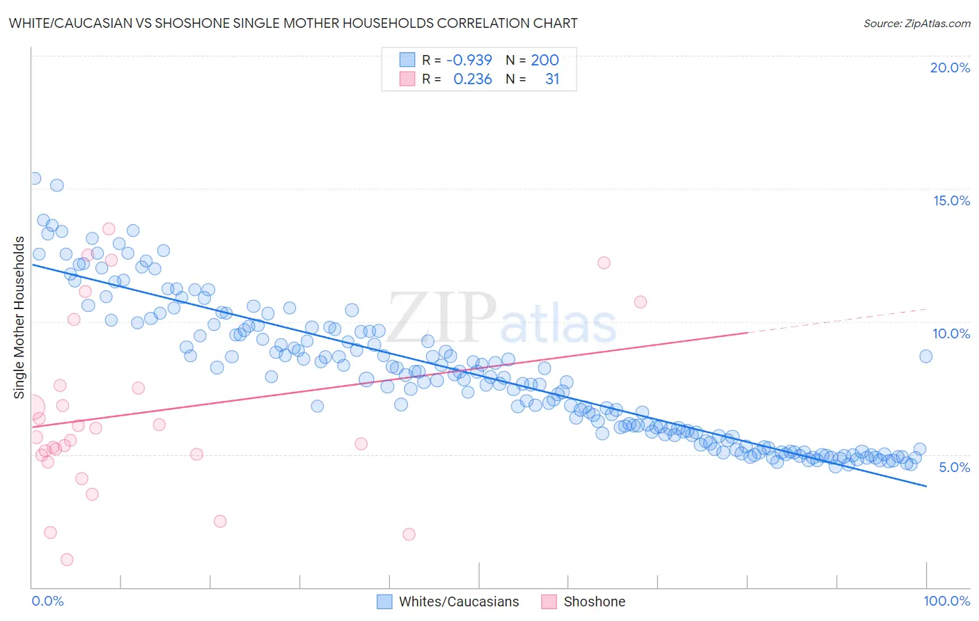 White/Caucasian vs Shoshone Single Mother Households