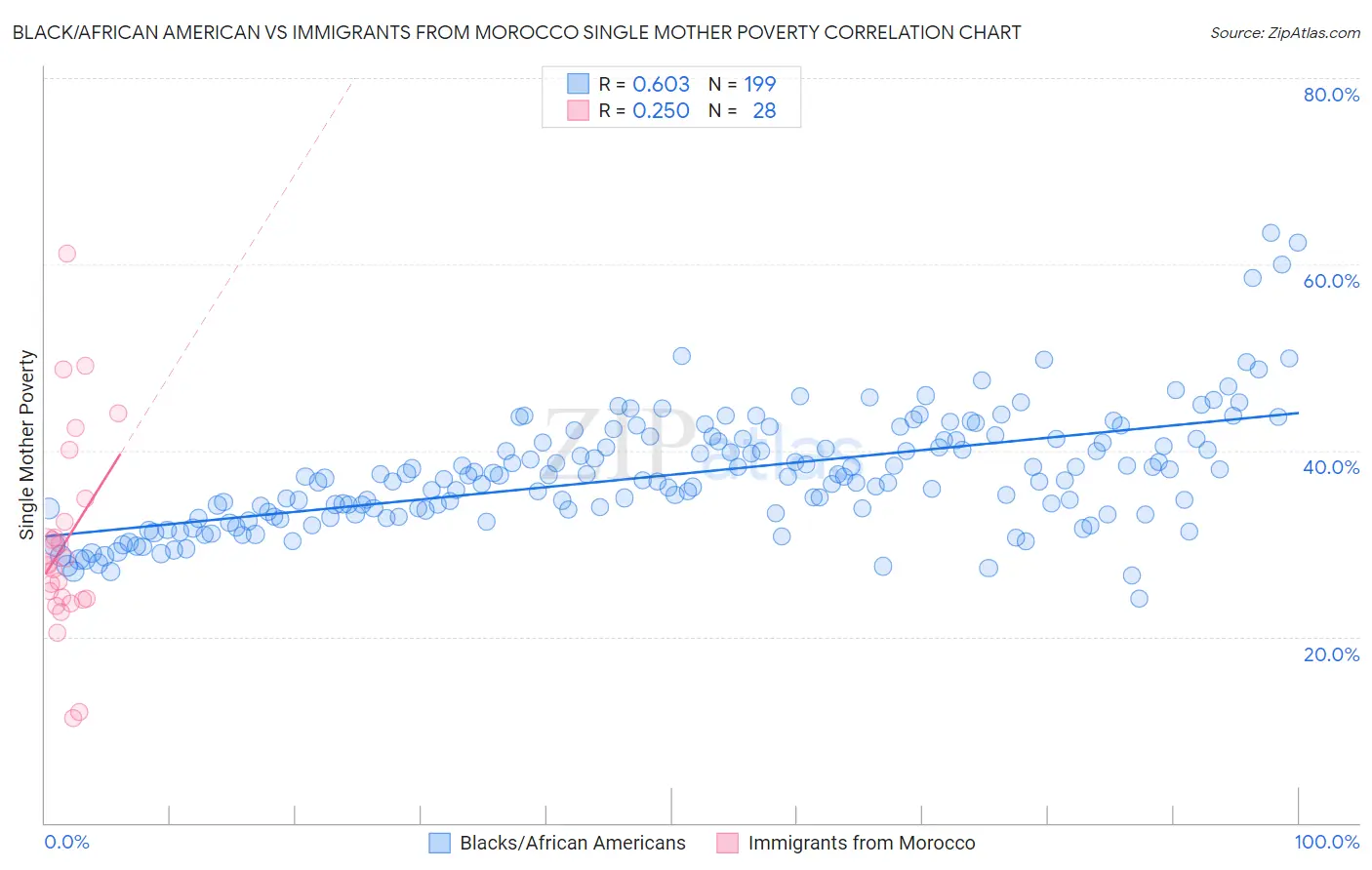 Black/African American vs Immigrants from Morocco Single Mother Poverty
