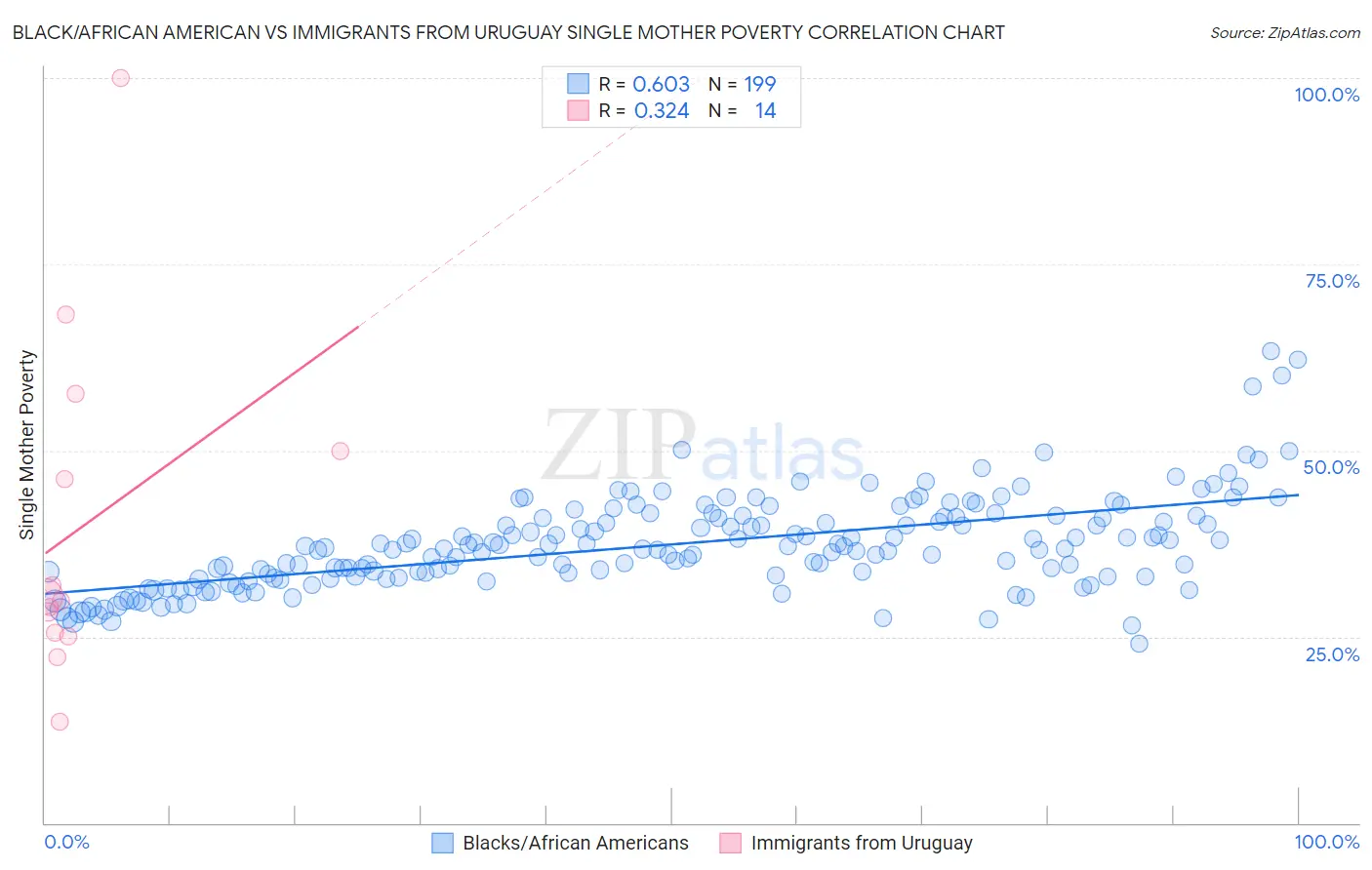 Black/African American vs Immigrants from Uruguay Single Mother Poverty